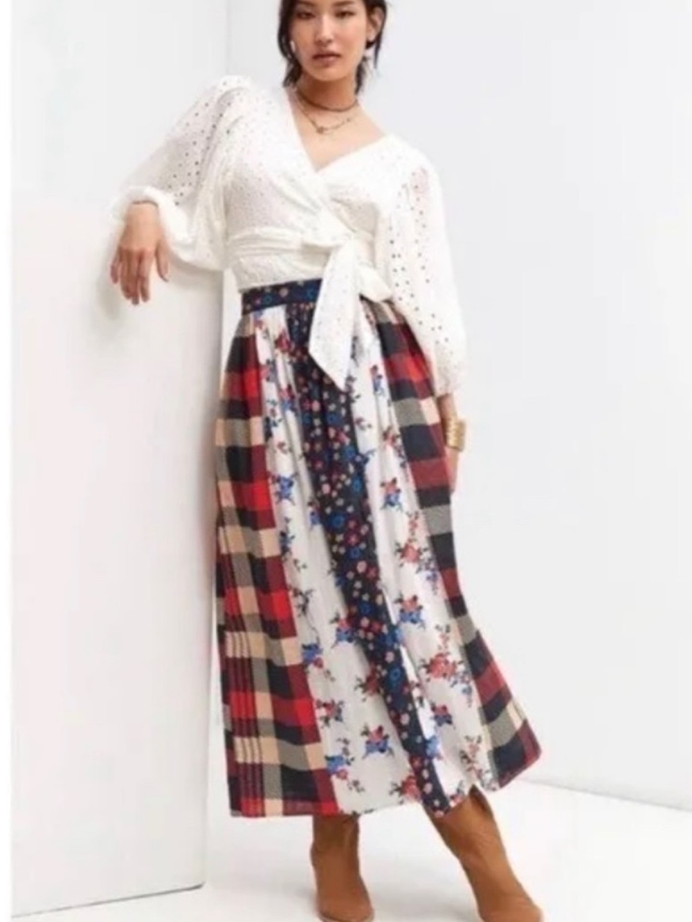 Anthropologie Let Me Be Contrast Mixed Pattern Patchwork Maxi Skirt - Size S